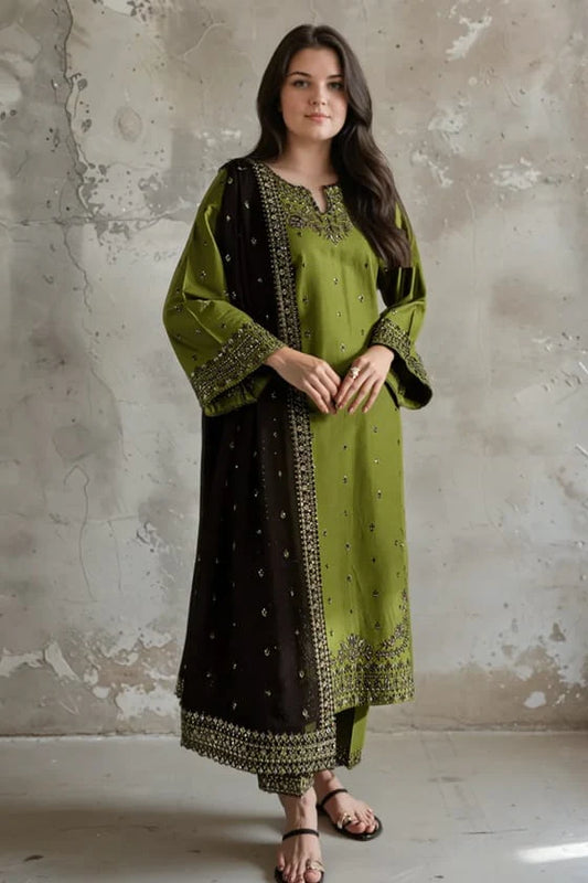 EL-89333 Lawn Embroidered 3pc Suit With Bamber Chiffon Embroidered Dupatta - ELAFF
