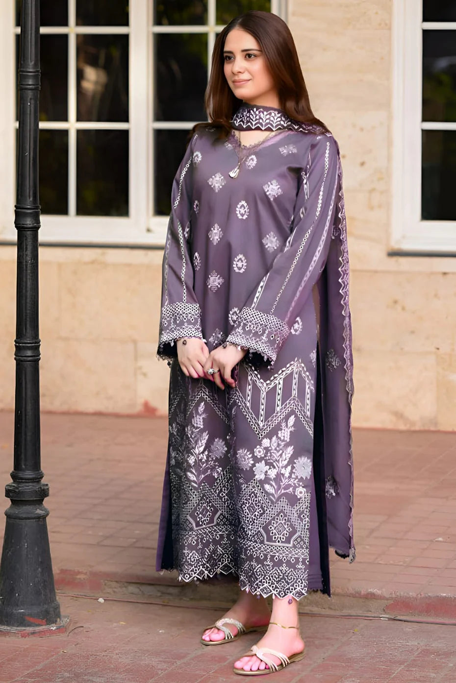 EL-NS915 Unstitched Fully Embroidered Lawn Suit With Bamber Embroidered Dupatta