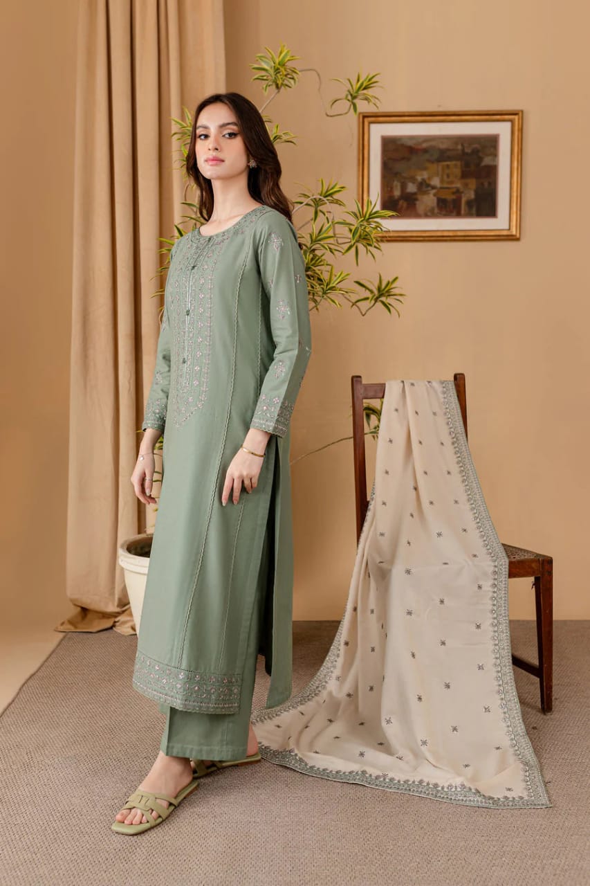 EL-RP600 Unstitched Heavy Embroidered Dhanak Suit With Embroidered Dhanak Shawl - ELAFF