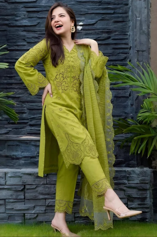EL-RR2780 Lawn Unstitched Chikenkari 3pc Suit With Cotton Net Embroidered Dupatta