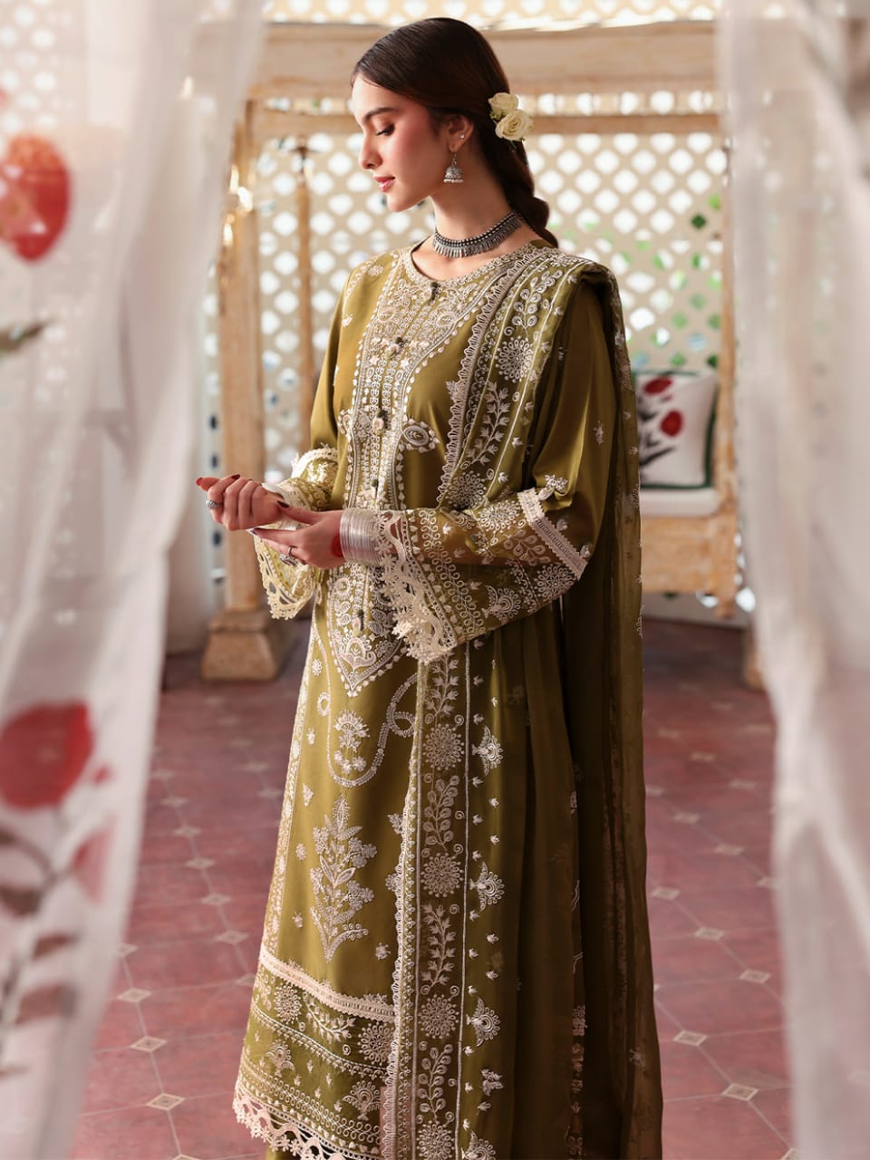 EL-MR590 Unstitched Heavy Embroidered Dhanak Suit With Embroidered Dhanak Shawl - ELAFF