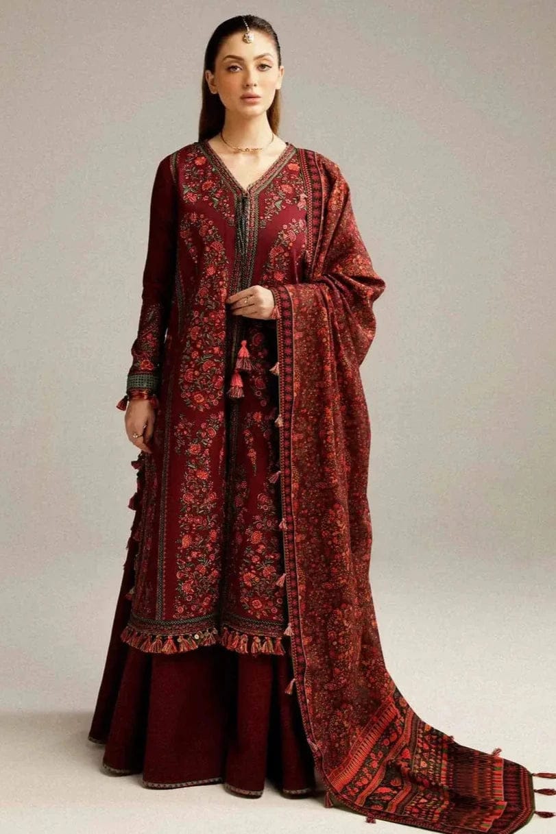 EL-730 Dhanak Embroidered Suit With Digital Printed Wool Shawl - ELAFF