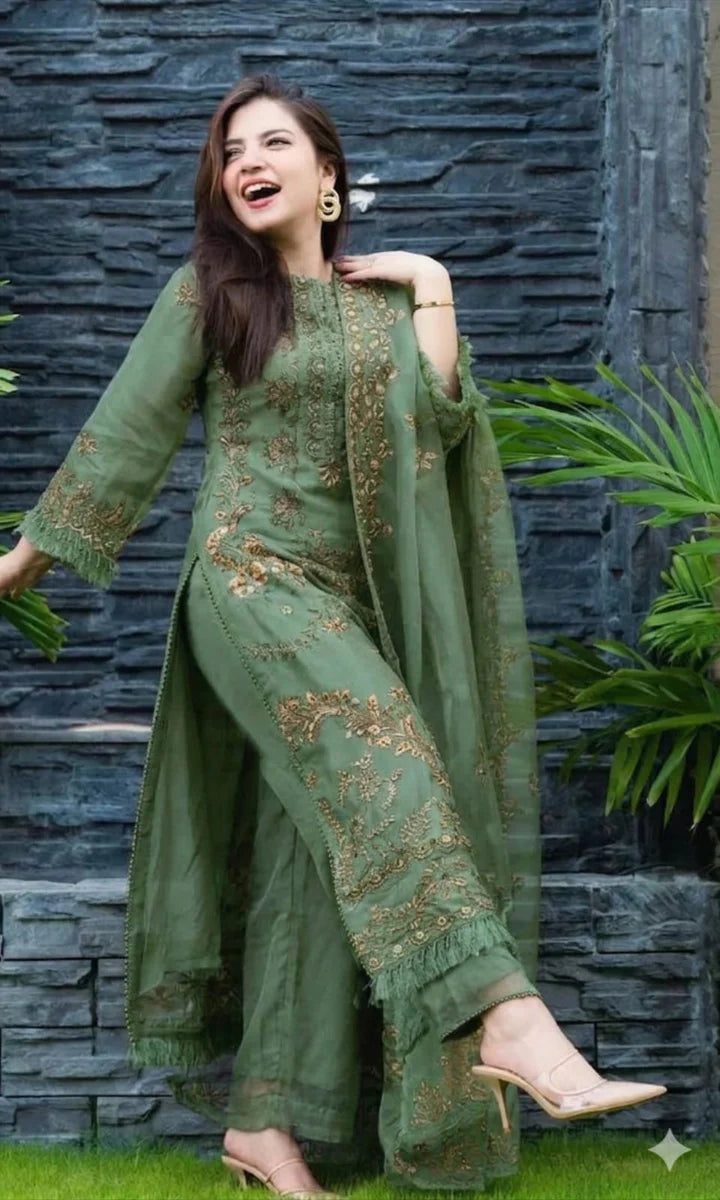 EL-1100 Sage Green Un-Stitched Lawn Embroidered 3pc With Organza Embroidered Dupatta