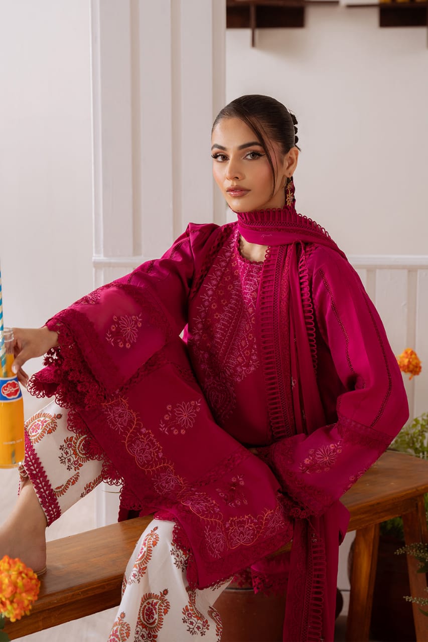 EL-CO514B Unstitched Embroidered Lawn Suit With Embroidered Cotton Net Dupatta - ELAFF