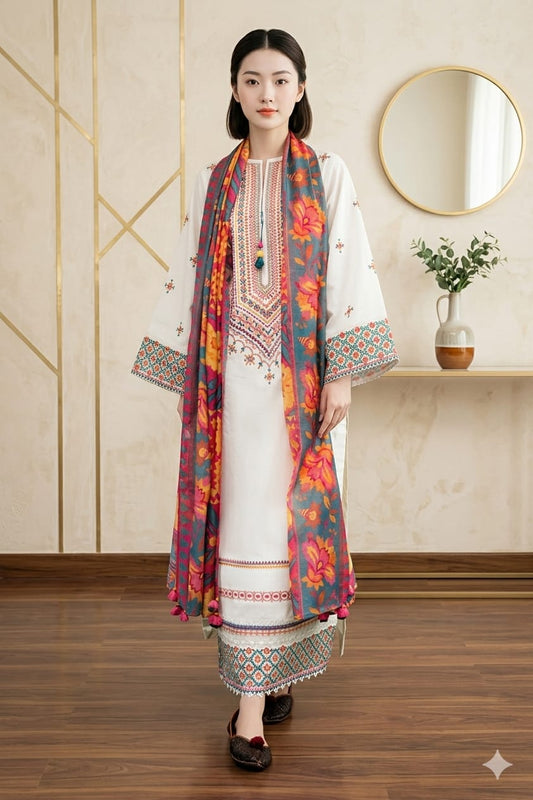 EL-SP2575 Unstitched Fully Embroidered Lawn Suit With Digital Printed Monar Dupatta