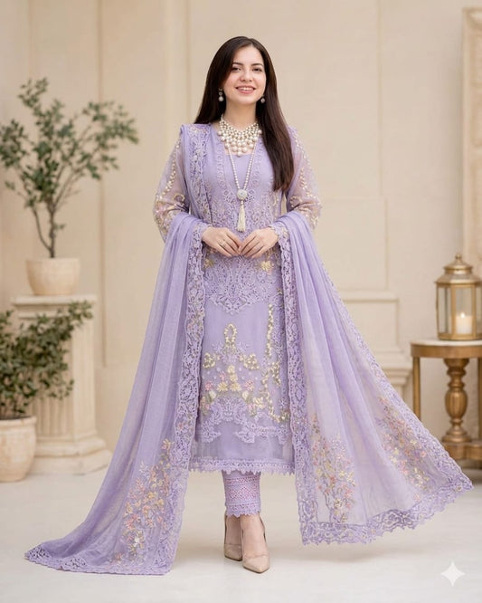 EL-MR2715 Lawn Unstitched Embroidered 3pc Suit With Cotton Net Embroidered Dupatta