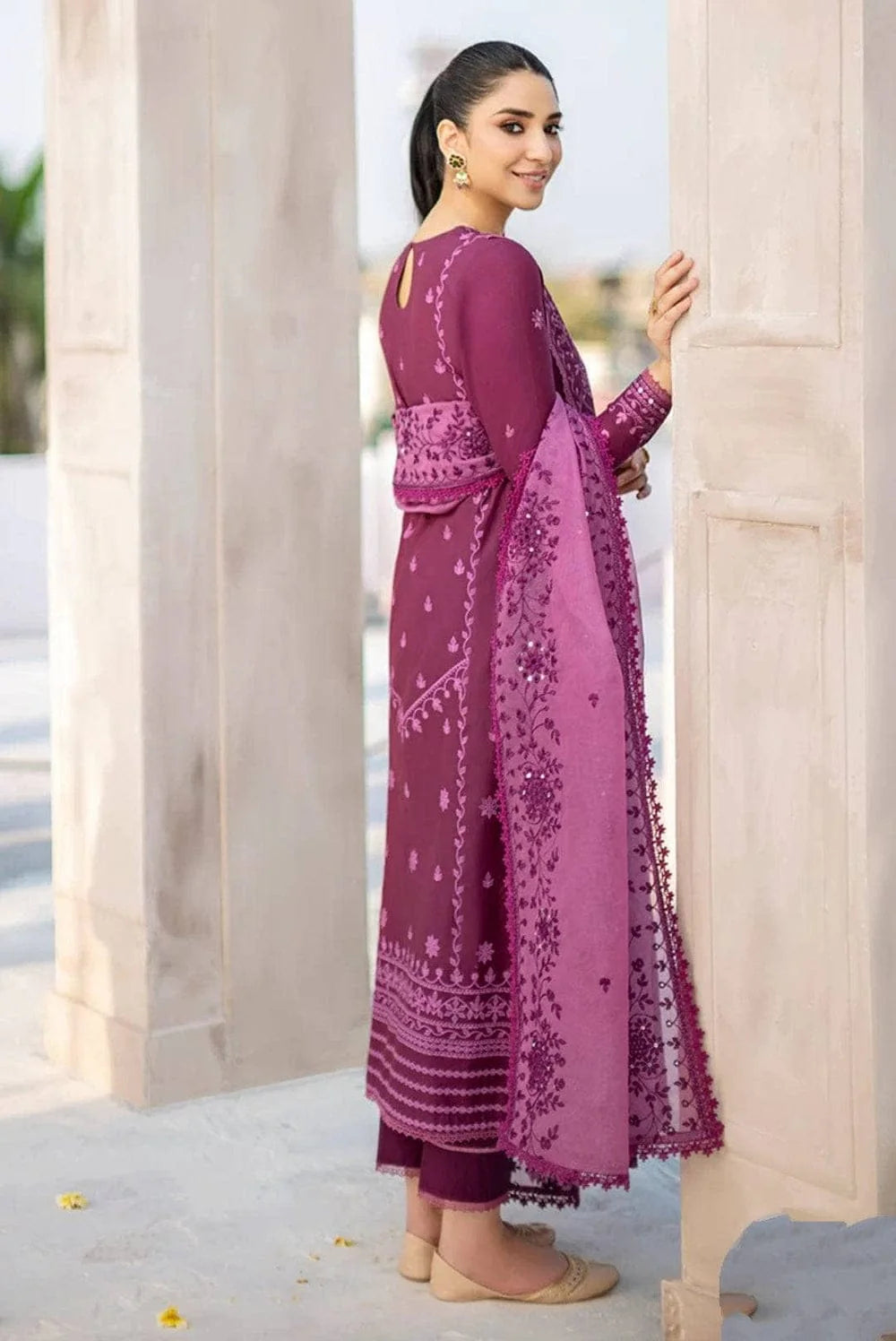 EL-CS84 Lawn Unstitched Embroidered 3pc Suit With Organza Embroidered Dupatta