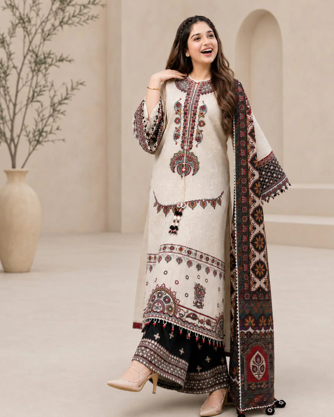 EL-JZ2800 Lawn Unstitched Fully Embroidered 3pc Suit With Poly Lawn Digital Printed Dupatta