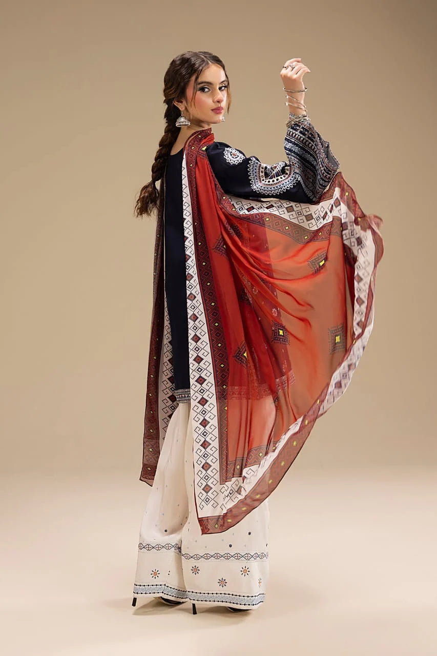 EL-RR610 Unstitched Fully Embroidered Lawn Suit With Digital Printed Monar Dupatta