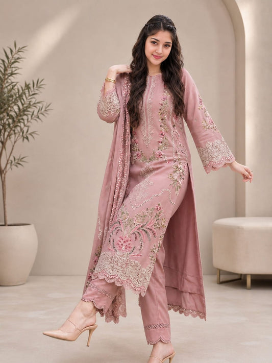EL-AS2735(D) Luxury Dhanak Unstitched Embroidered 3pc Suit With Dhanak Embroidered Dupatta