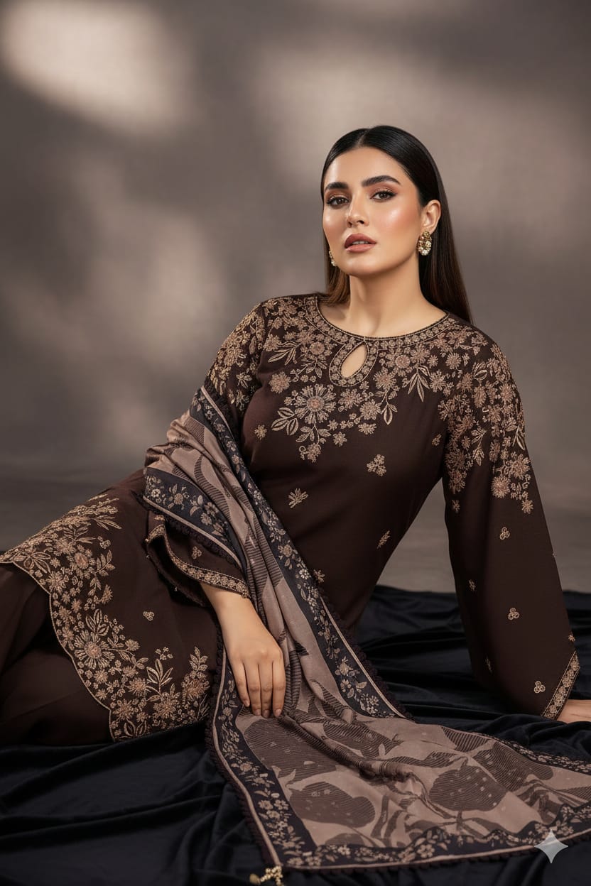 EL-BQ140 Dhanak Embroidered Suit With Digital Printed Wool Shawl