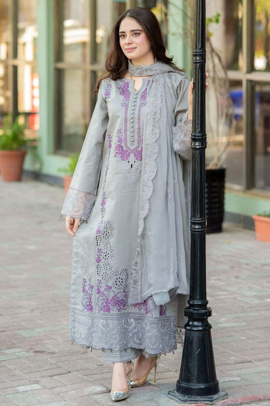 EL-842 Chikenkari Embroidered Lawn Suit 3pc With Embroidered Bamber Chiffon Dupatta