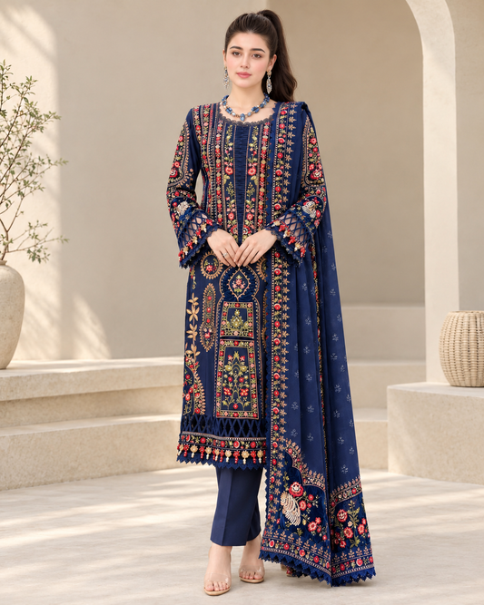 EL-965 Unstitched Embroidered Dhanak Wool Suit With Embroidered Dhanak Shawl