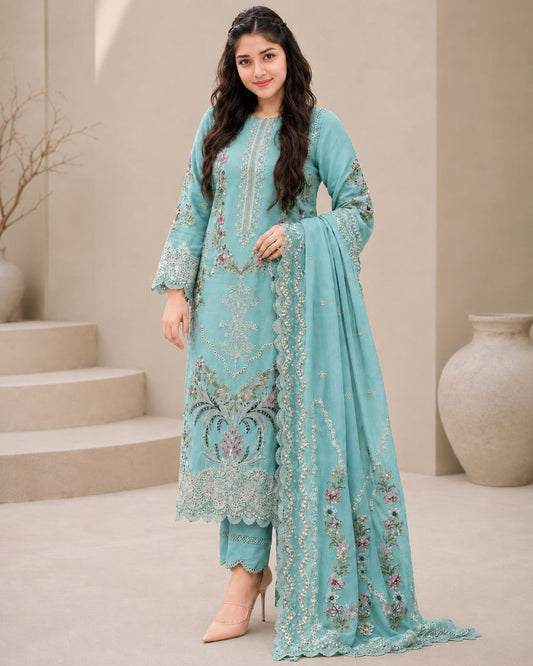 EL-AS2736 Lawn Unstitched Embroidered 3pc Suit With Lawn Embroidered Dupatta