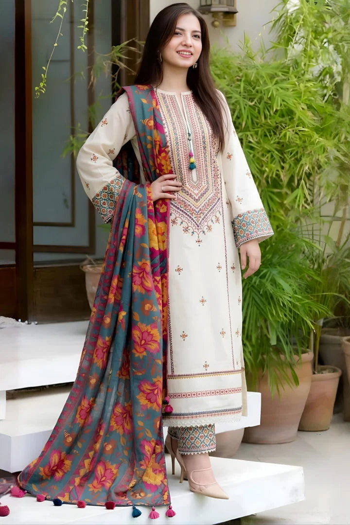 EL-SP2575 Unstitched Fully Embroidered Lawn Suit With Digital Printed Monar Dupatta