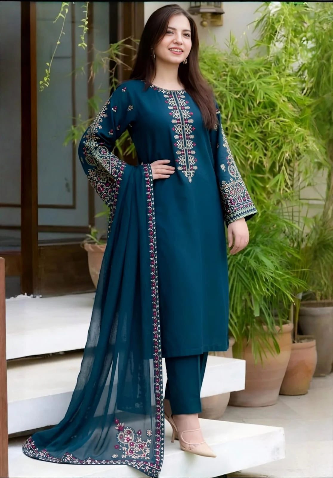 EL-585 Unstitched Embroidered Lawn Suit 3pc With Bamber Chiffon Embroidered Dupatta