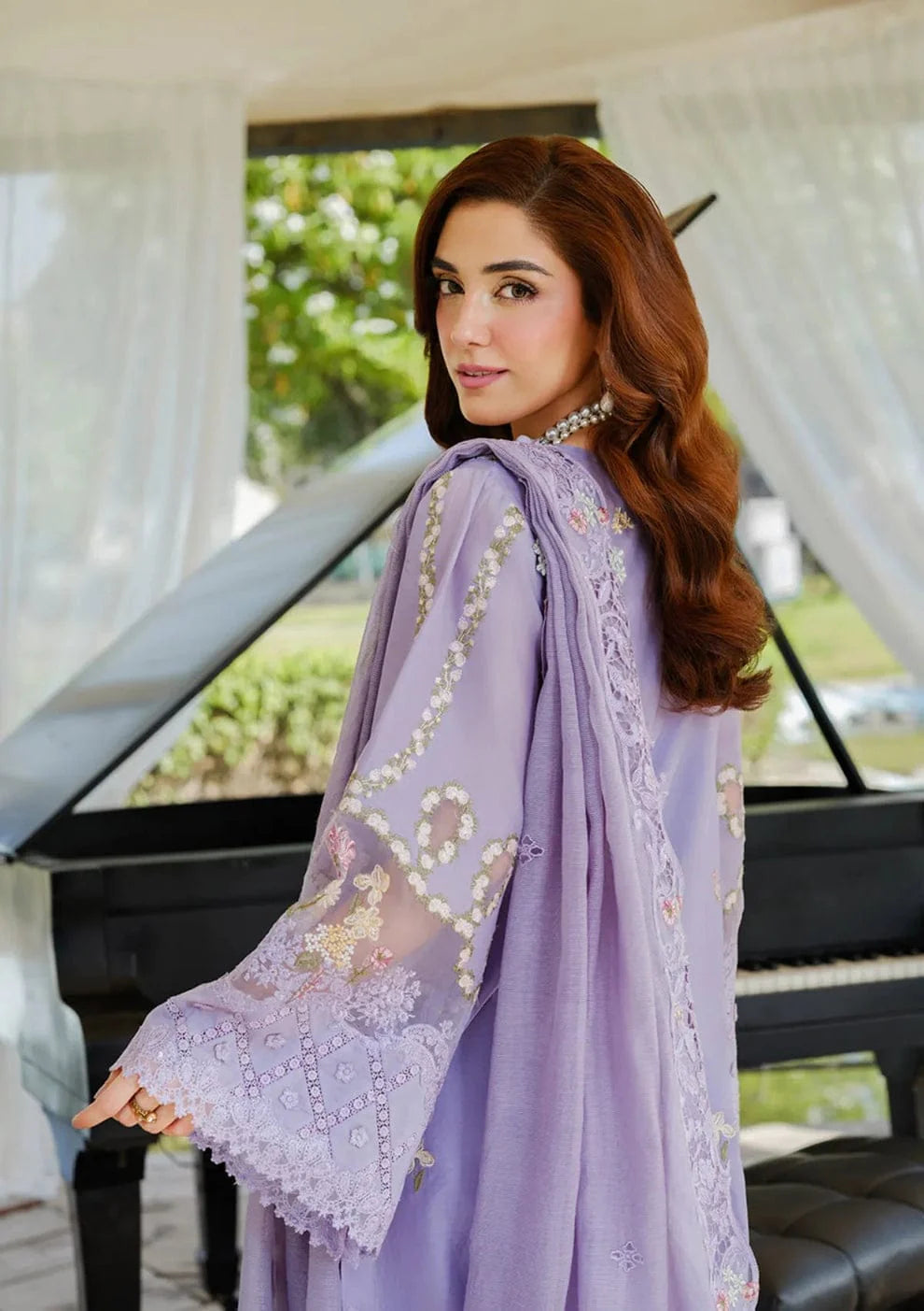 EL-MR2715 Lawn Unstitched Embroidered 3pc Suit With Cotton Net Embroidered Dupatta