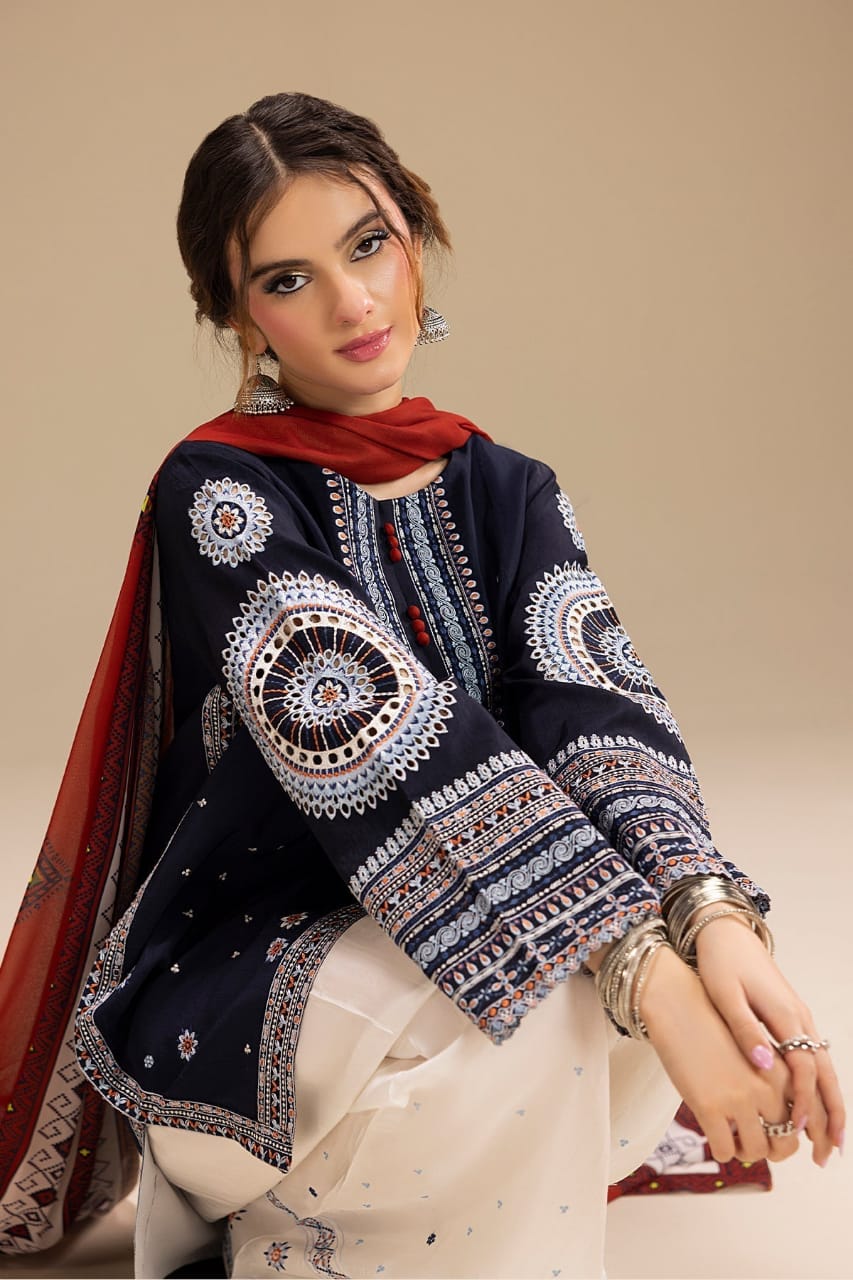 EL-RR610 Unstitched Fully Embroidered Lawn Suit With Digital Printed Monar Dupatta