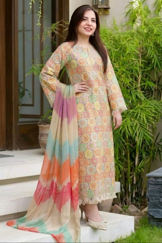 EL-BQ201 Digital Printed Lawn Suit 3pc With Monar Digital Printed Dupatta