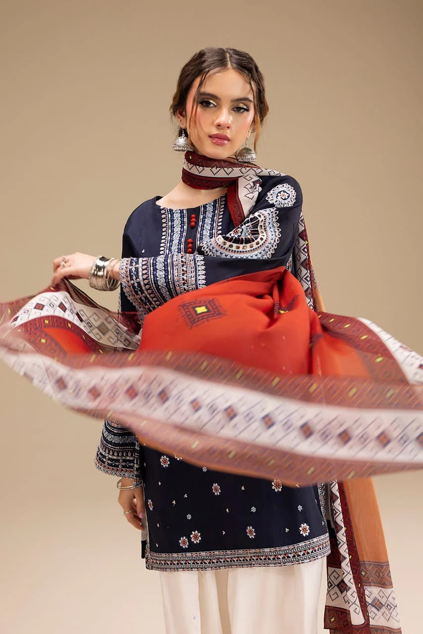 EL-RR610 Unstitched Fully Embroidered Lawn Suit With Digital Printed Monar Dupatta