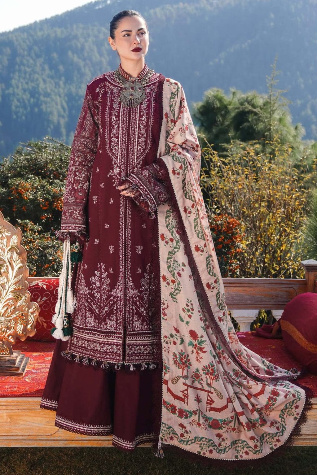 EL-HR890 Unstitched Heavy Embroidered Dhanak Suit With Embroidered Dhanak Shawl - ELAFF