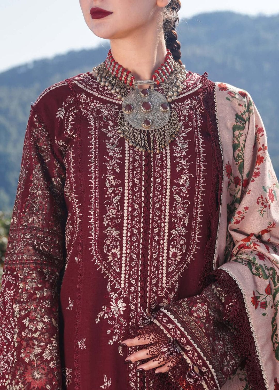 EL-HR890 Unstitched Heavy Embroidered Dhanak Suit With Embroidered Dhanak Shawl - ELAFF