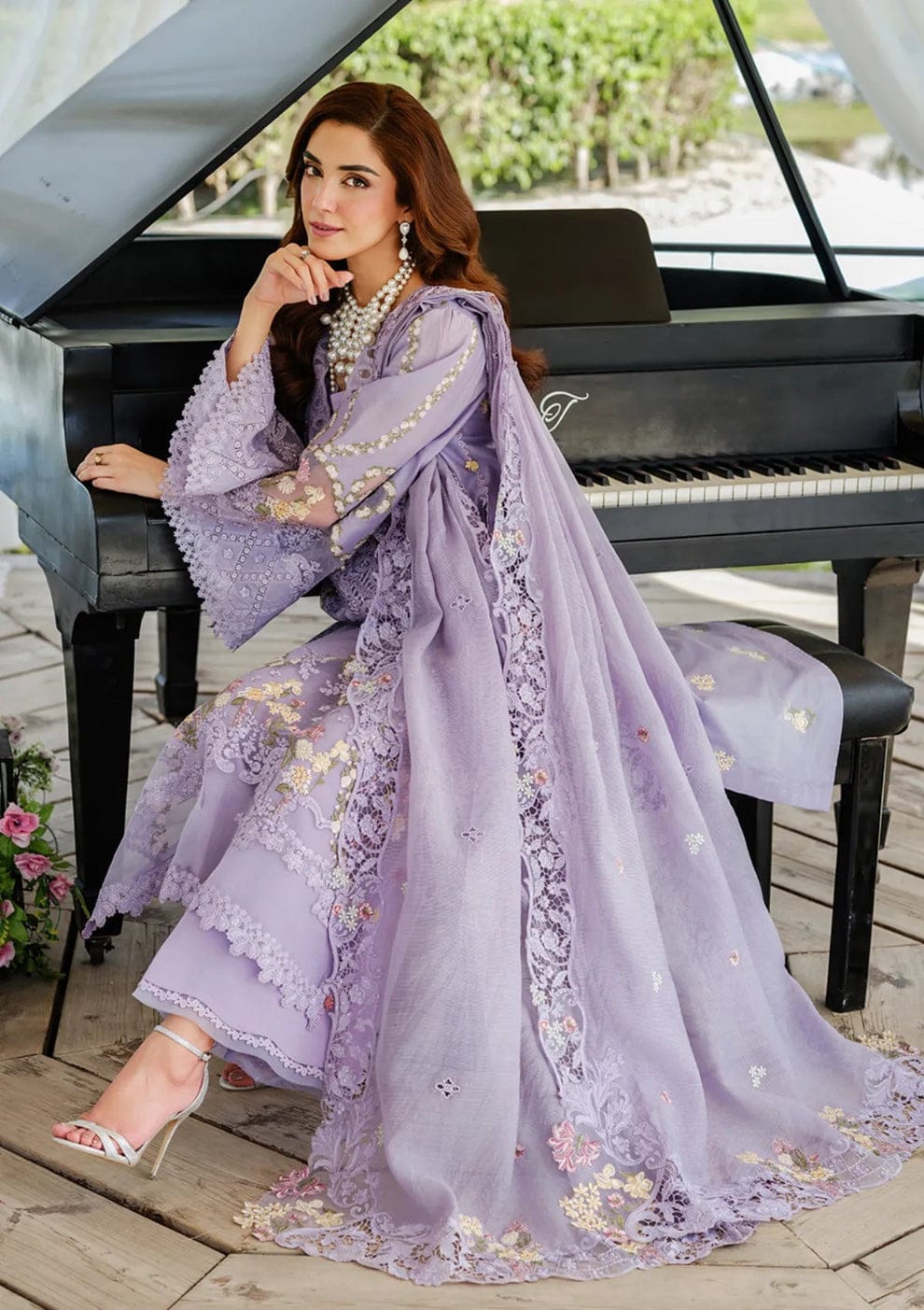 EL-MR2715 Lawn Unstitched Embroidered 3pc Suit With Cotton Net Embroidered Dupatta
