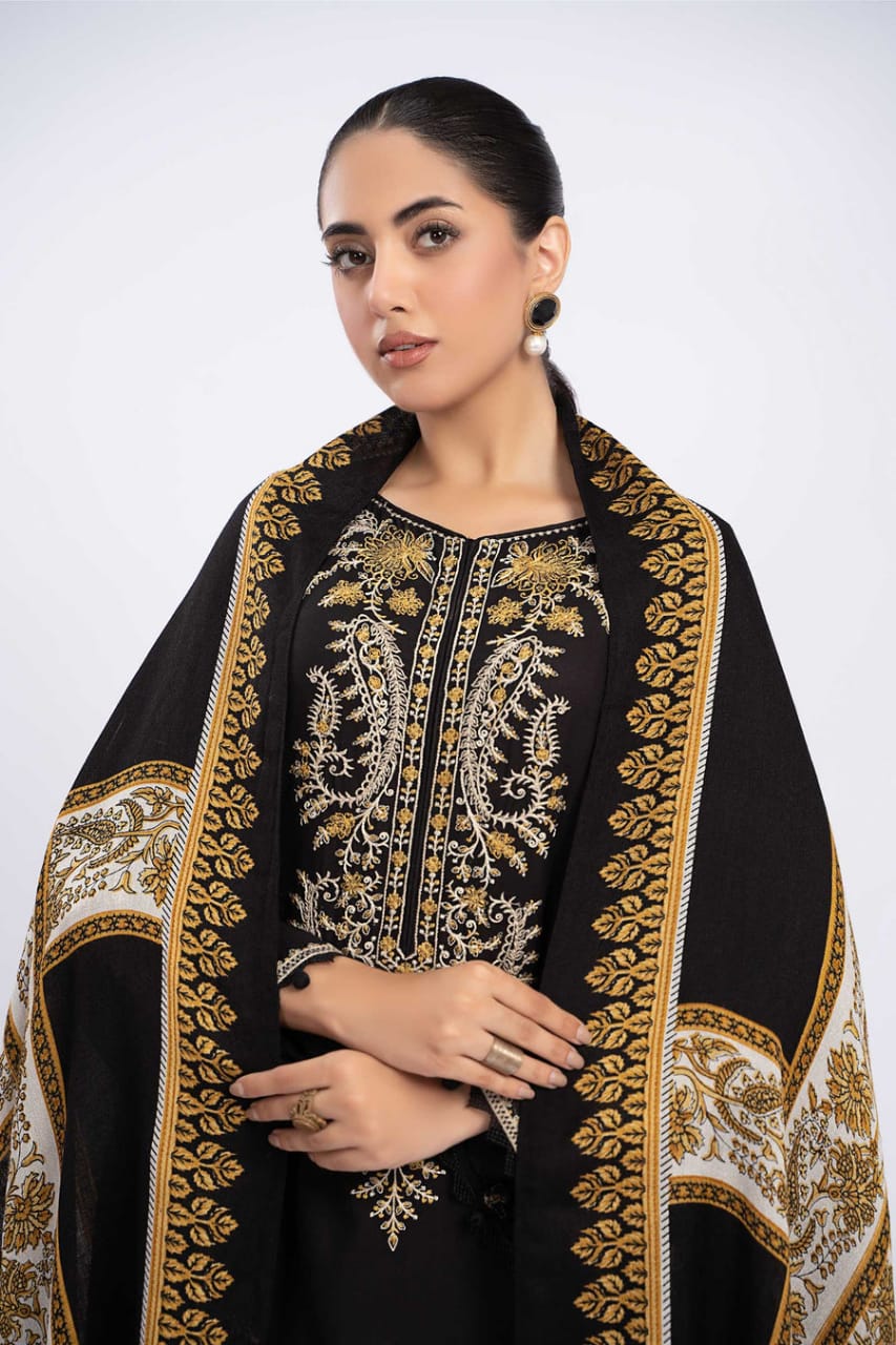 EL-700 Dhanak Embroidered Suit With Digital Printed Wool Shawl - ELAFF