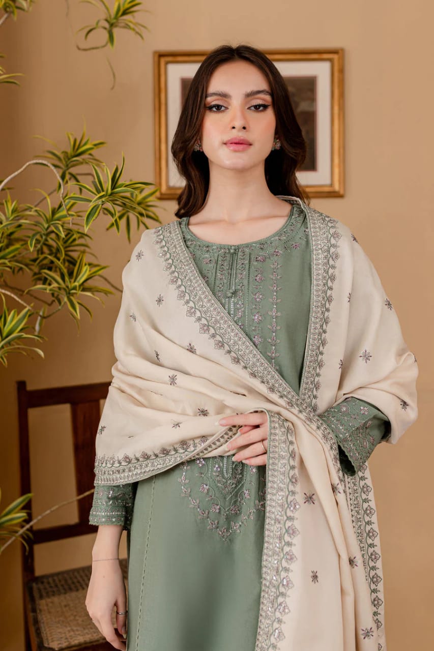 EL-RP600 Unstitched Heavy Embroidered Dhanak Suit With Embroidered Dhanak Shawl - ELAFF