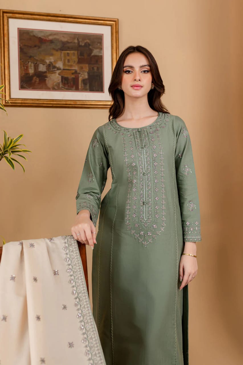 EL-RP600 Unstitched Heavy Embroidered Dhanak Suit With Embroidered Dhanak Shawl - ELAFF