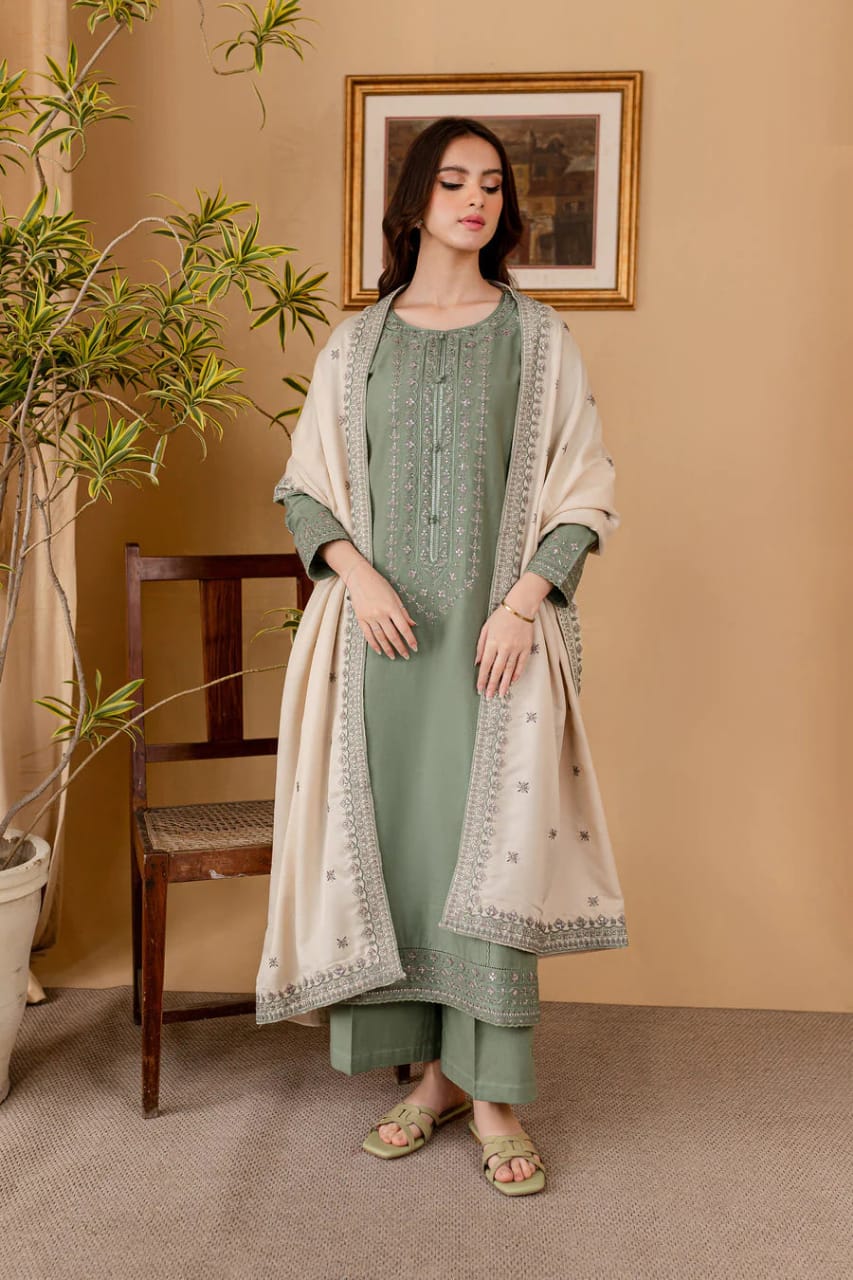 EL-RP600 Unstitched Heavy Embroidered Dhanak Suit With Embroidered Dhanak Shawl - ELAFF