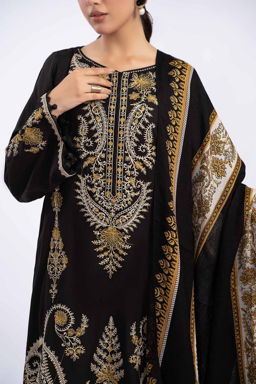 EL-700 Dhanak Embroidered Suit With Digital Printed Wool Shawl - ELAFF