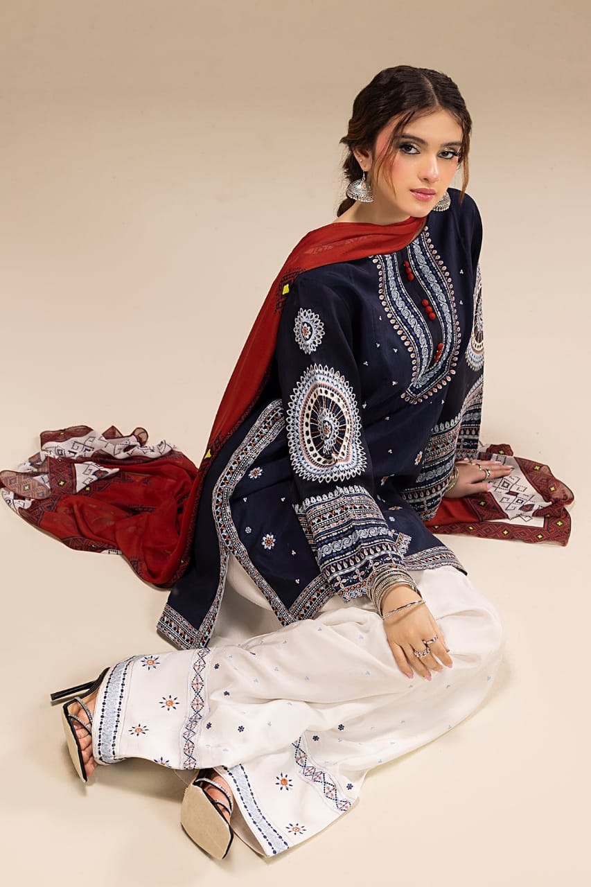 EL-RR610 Unstitched Fully Embroidered Lawn Suit With Digital Printed Monar Dupatta