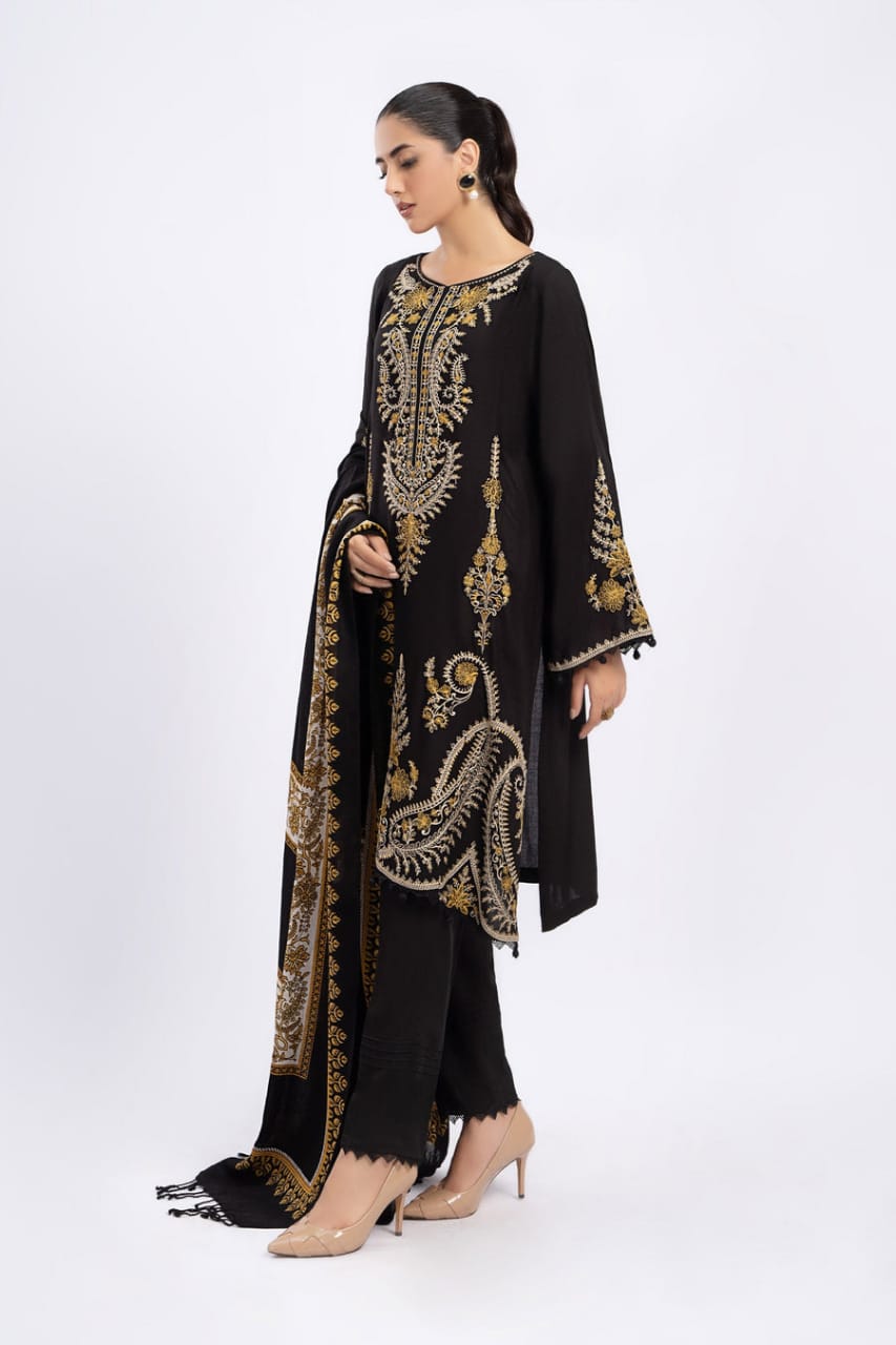 EL-700 Dhanak Embroidered Suit With Digital Printed Wool Shawl - ELAFF