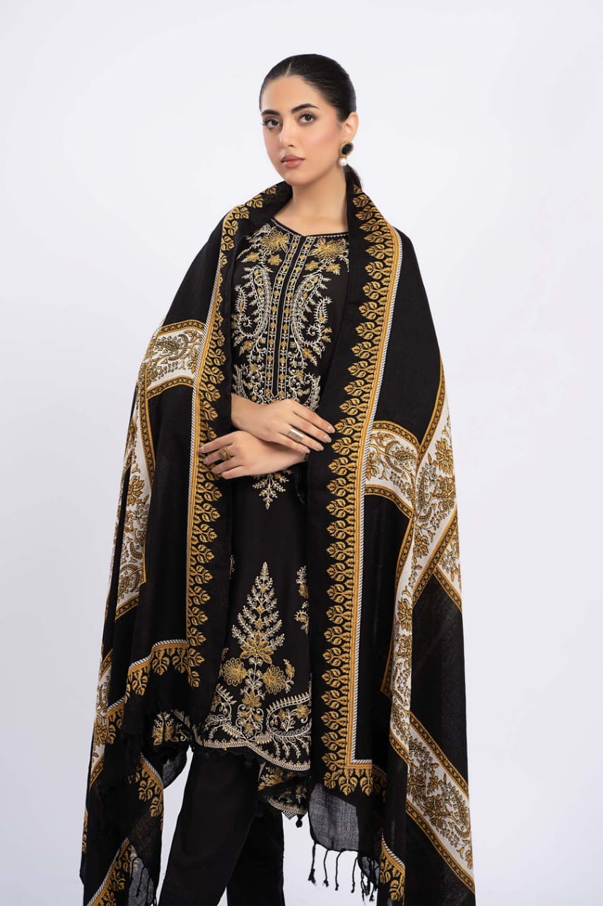 EL-700 Dhanak Embroidered Suit With Digital Printed Wool Shawl - ELAFF