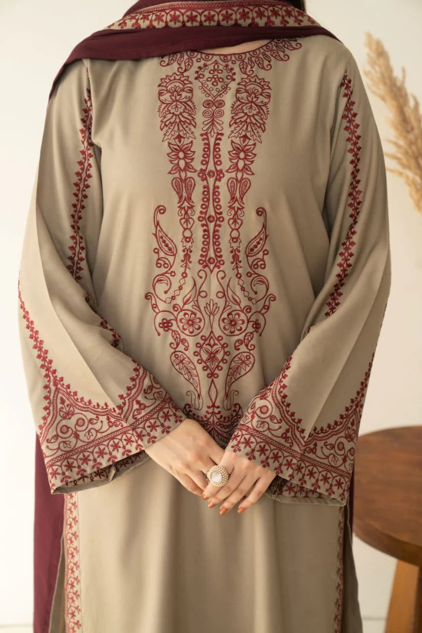 EL-KD910 Unstitched Heavy Embroidered Dhanak Suit With Embroidered Dhanak Shawl - ELAFF