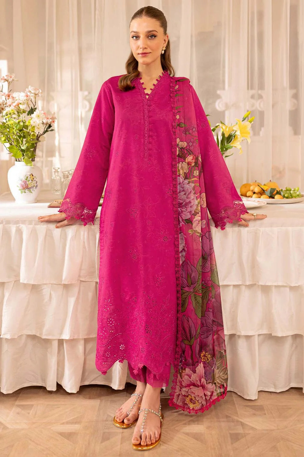 EL-FR2725 Lawn Unstitched Embroidered 3pc Suit With Digital Printed Cotton Lawn Dupatta