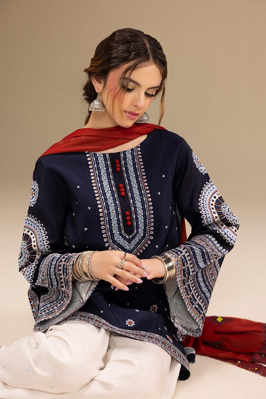 EL-RR610 Unstitched Fully Embroidered Lawn Suit With Digital Printed Monar Dupatta