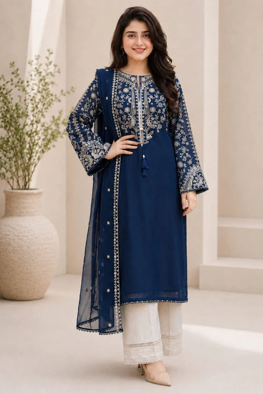 EL-BT2835 Unstitched Fully Embroidered Lawn Suit With Embroidered Bamber Chiffon Dupatta