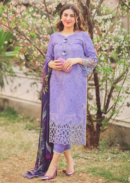 EL-04 Lawn stuff 3 Piece fully Embroidered Suit with Silk Printed Dupatta
