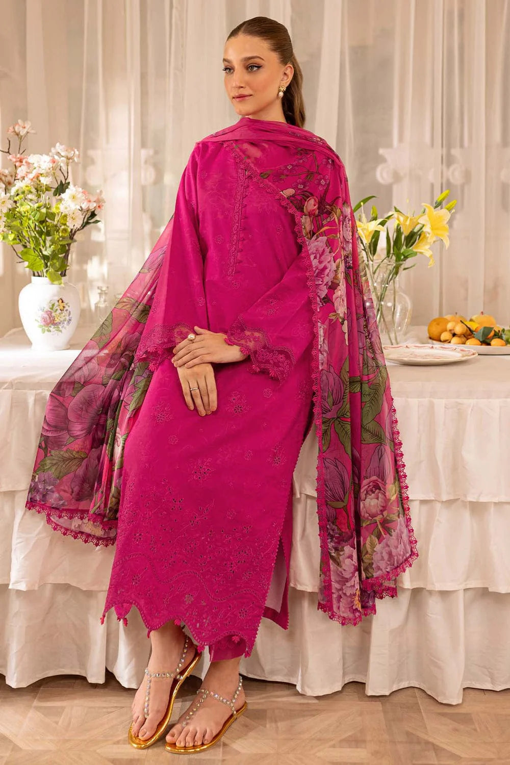 EL-FR2725 Lawn Unstitched Embroidered 3pc Suit With Digital Printed Cotton Lawn Dupatta