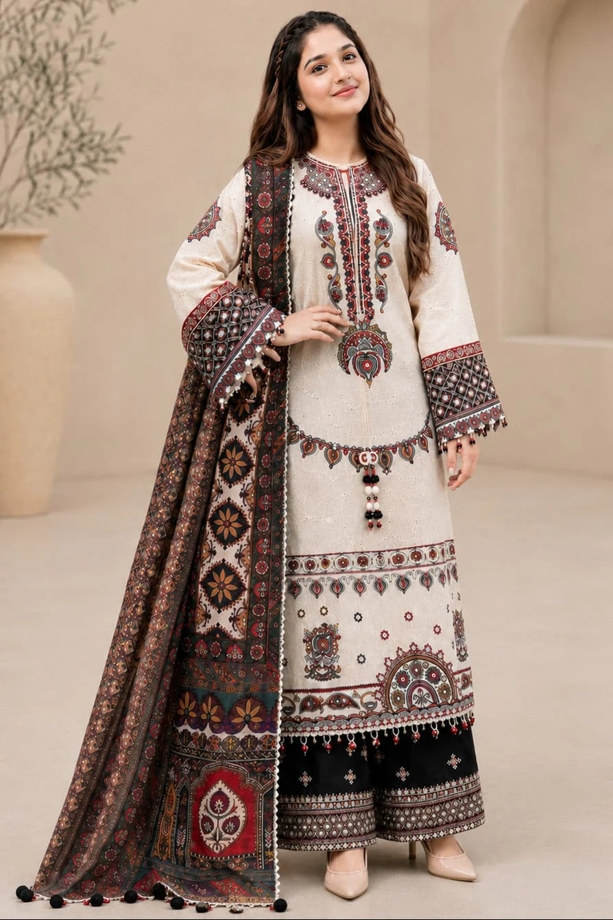EL-JZ2800 Lawn Unstitched Fully Embroidered 3pc Suit With Poly Lawn Digital Printed Dupatta
