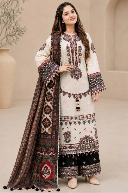 EL-JZ2800 Lawn Unstitched Fully Embroidered 3pc Suit With Poly Lawn Digital Printed Dupatta
