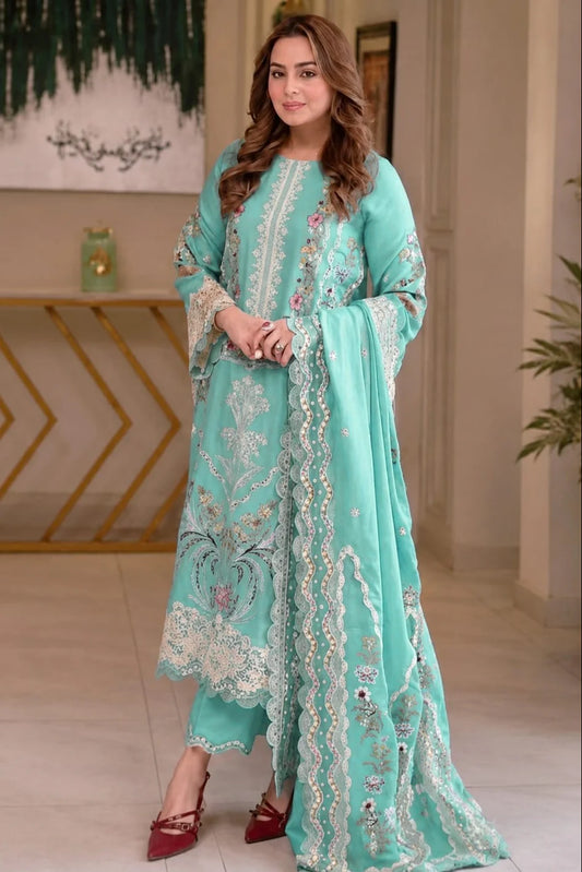 EL-AS2736 Lawn Unstitched Embroidered 3pc Suit With Lawn Embroidered Dupatta