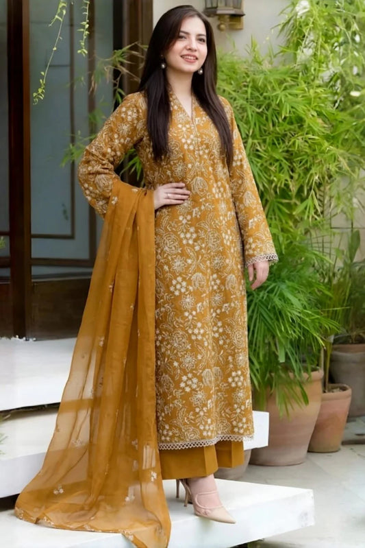 EL-BR09 Lawn 3Pc Embroidered Suit with Bamber Chiffon Embroidered Dupatta