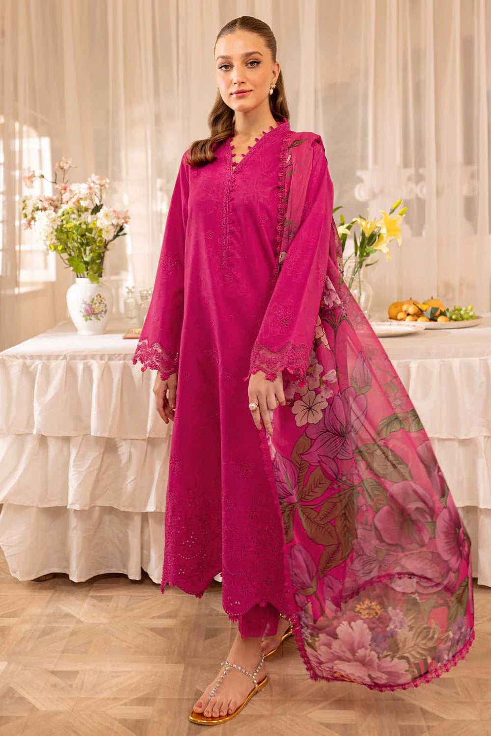 EL-FR2725 Lawn Unstitched Embroidered 3pc Suit With Digital Printed Cotton Lawn Dupatta