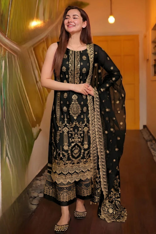 EL-LM56 3Pc Unstitched Embroidered Lawn Suit With Organza Embroidered Dupatta
