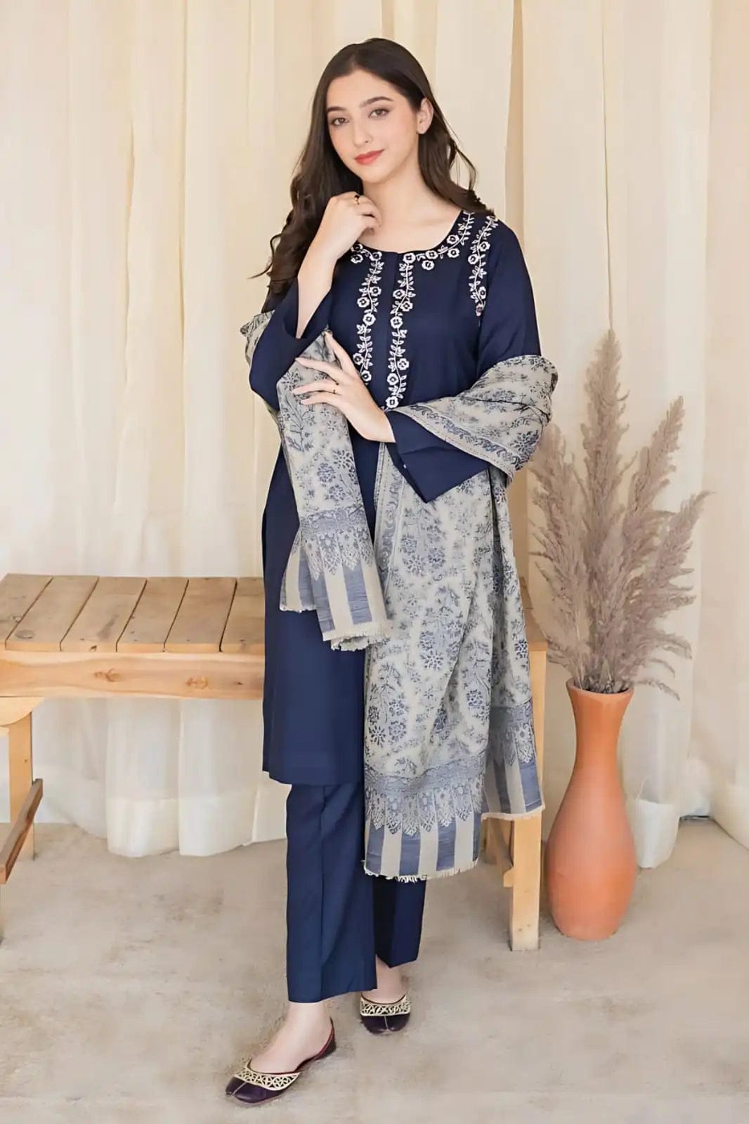 EL-MB830 Unstitched Fully Embroided Dhanak Suit With Wool Shawl - ELAFF
