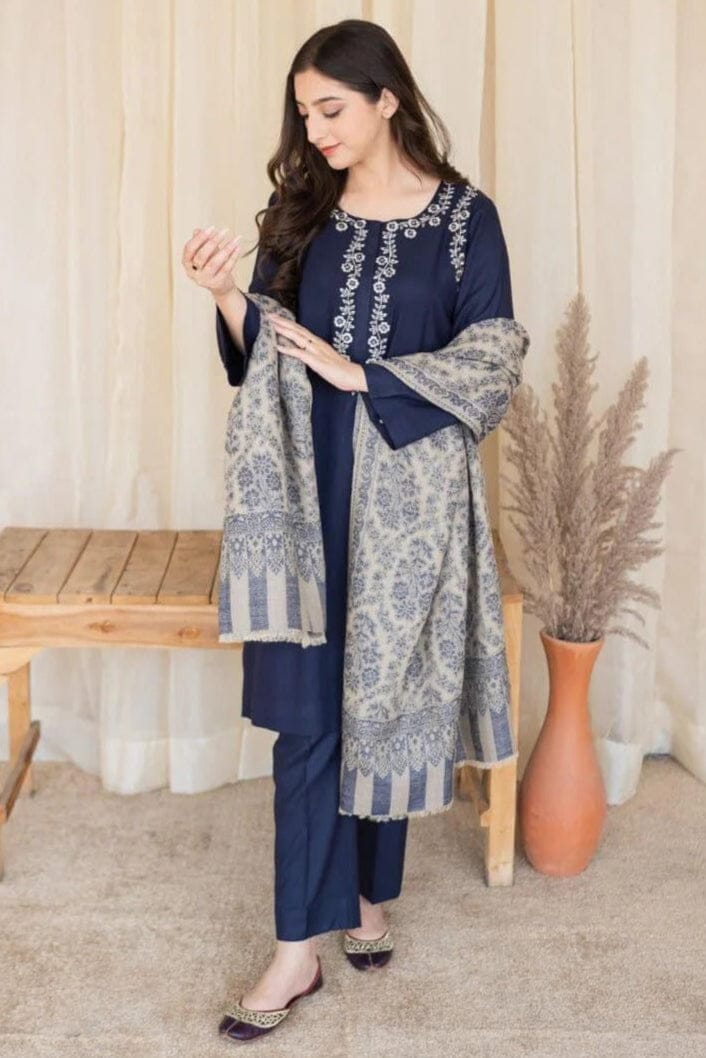 EL-MB830 Unstitched Fully Embroided Dhanak Suit With Wool Shawl - ELAFF
