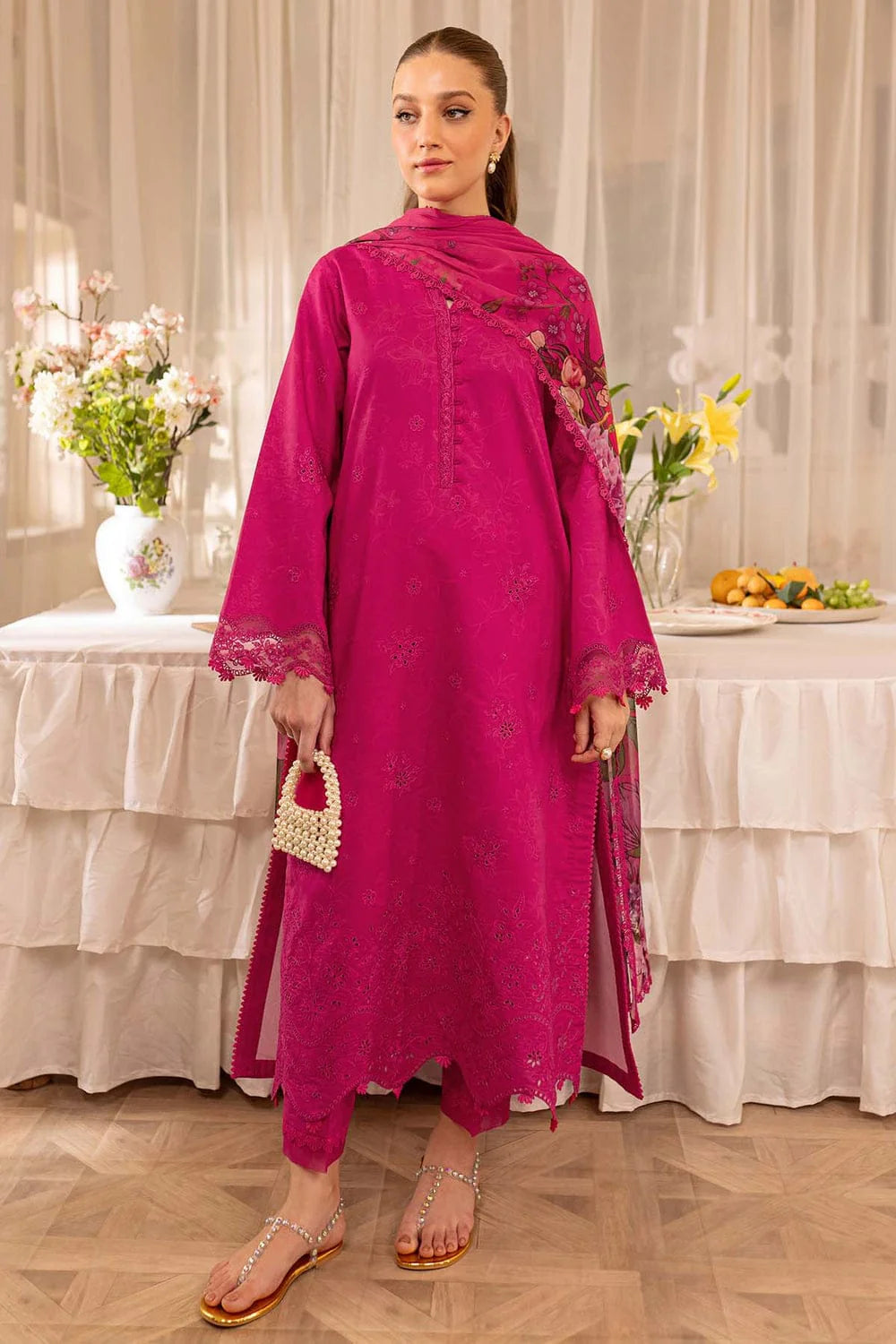 EL-FR2725 Lawn Unstitched Embroidered 3pc Suit With Digital Printed Cotton Lawn Dupatta